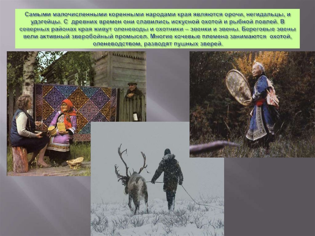 Самыми малочисленными коренными народами края являются орочи, негидальцы, и удэгейцы. С древних времен они славились искусной