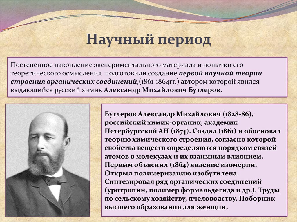 Автор теории химического. 1861 Бутлеров синтезировал. Научный период. Положения теории а.м. Бутлерова. Теория строения Бутлерова.