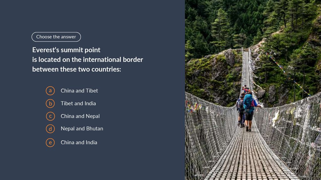 Everest’s summit point is located on the international border between these two countries: