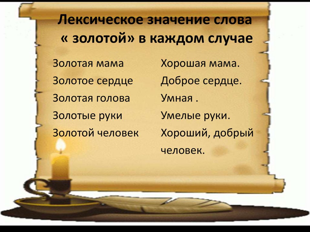 Слово изучается в разделе. Что изучает раздел лексика. Лексическое значение слова золотой.