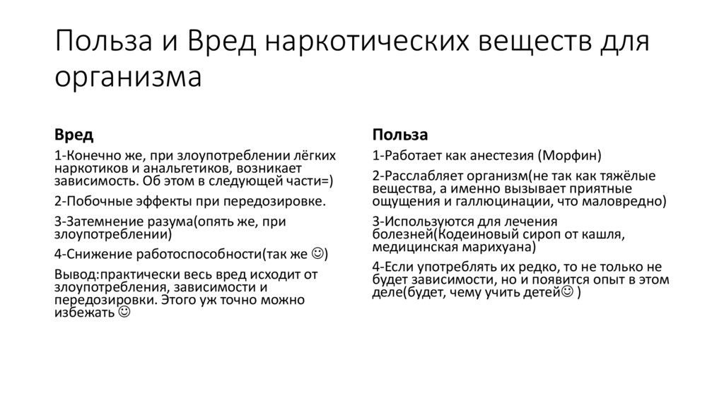 Польза и Вред наркотических веществ для организма