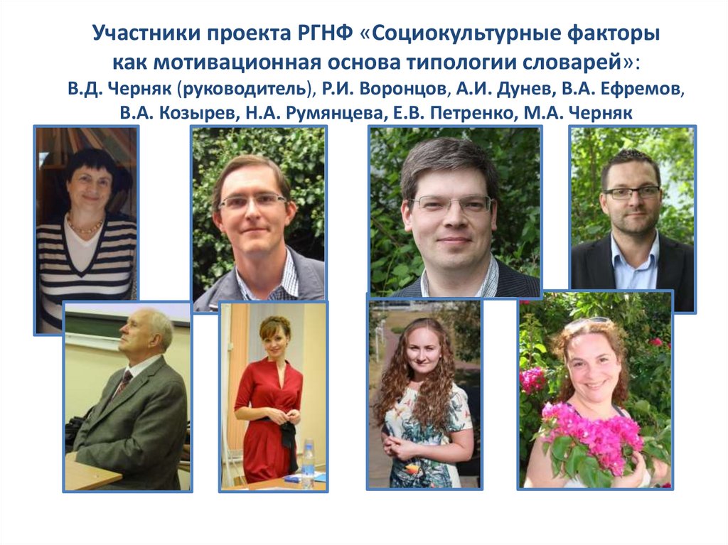Участники проекта РГНФ «Социокультурные факторы как мотивационная основа типологии словарей»: В.Д. Черняк (руководитель), Р.И.