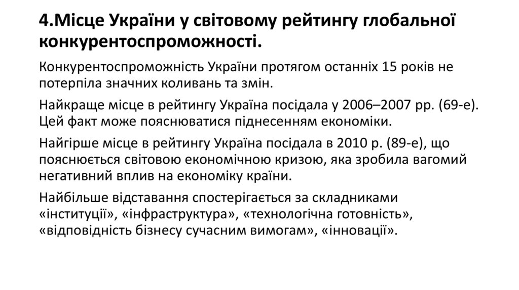 4.Місце України у світовому рейтингу глобальної конкурентоспроможності.