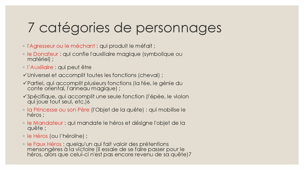 7 catégories de personnages