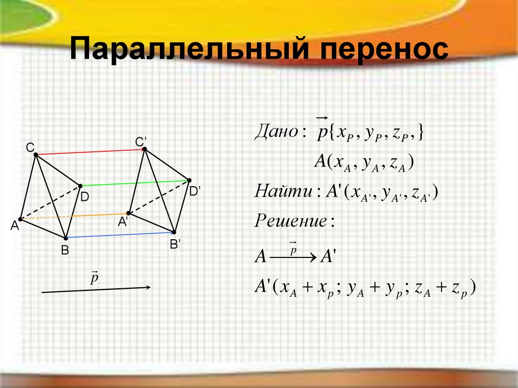 Параллельный перенос квадрата на вектор. Параллельный перенос. Параллельный перенос кубаъъ. Параллельное движение геометрия. Движение геометрия параллельный перенос.