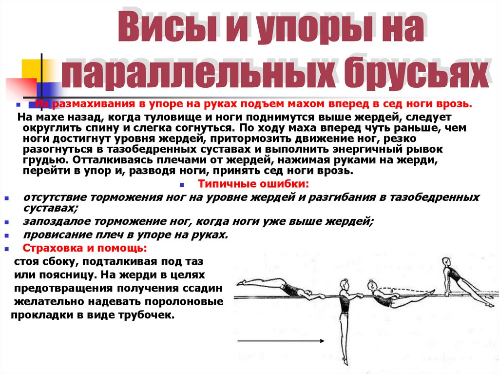 Подъем в упор на перекладину. Висы и упоры. Висы и упоры на параллельных брусьях. Размахивания в упоре на параллельных брусьях. Упор на предплечьях на параллельных брусьях.