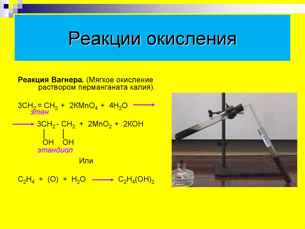Реакция окисления вагнера. Реакция Вагнера с kmno4. Реакция Вагнера мягкое окисление. Реакция Вагнера ch2=Ch-ch3. Реакция окисления алкенов по Вагнеру.