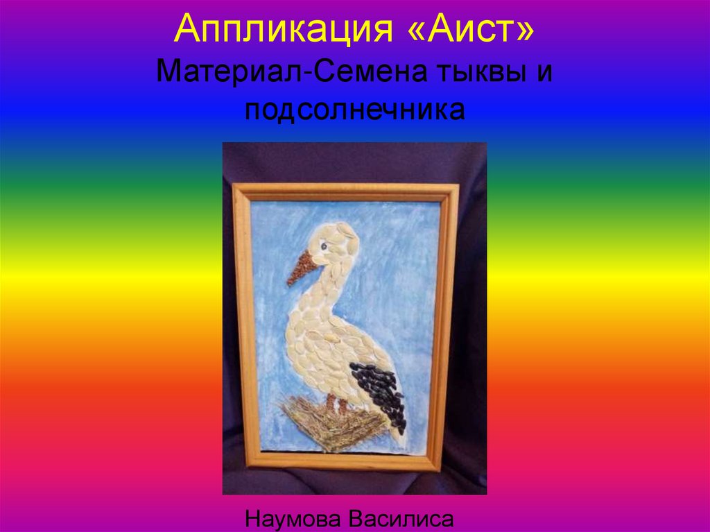 Аппликация «Аист» Материал-Семена тыквы и подсолнечника