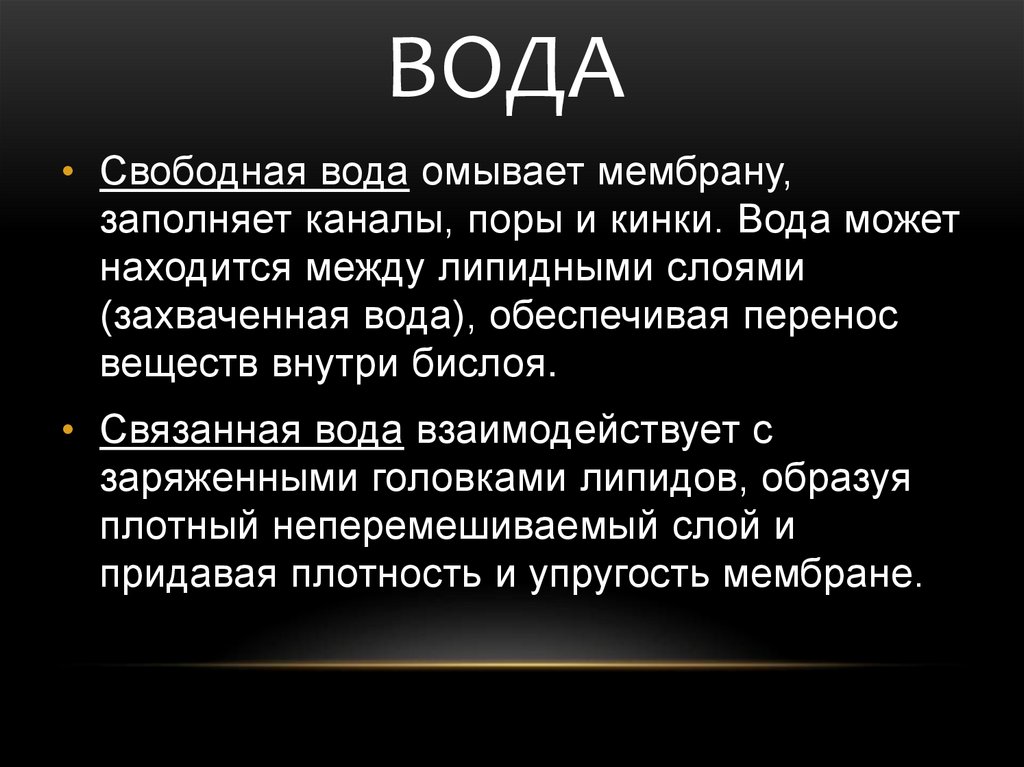 Свободная вода. Свободная , захваченная и связанная вода в мембране. Кинки мембраны. Связанная вода захваченная вода. Кинки это физиология.