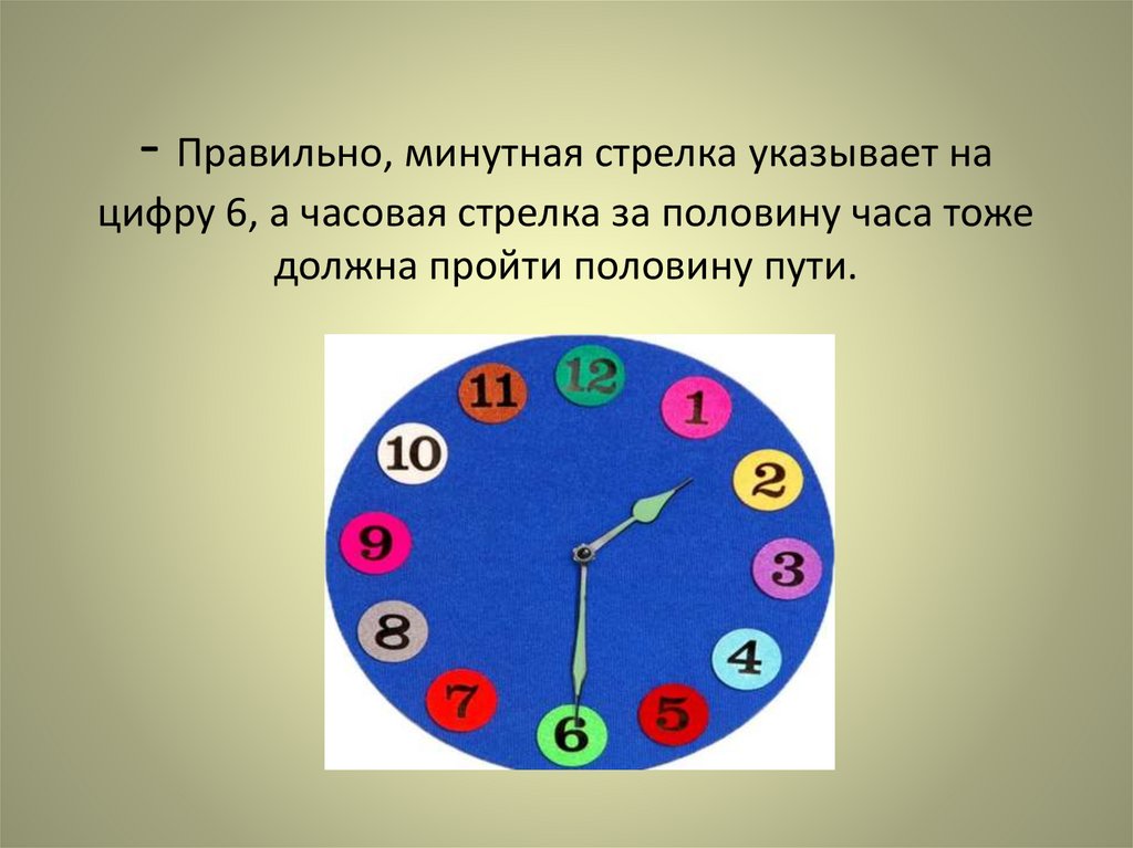 - Правильно, минутная стрелка указывает на цифру 6, а часовая стрелка за половину часа тоже должна пройти половину пути.
