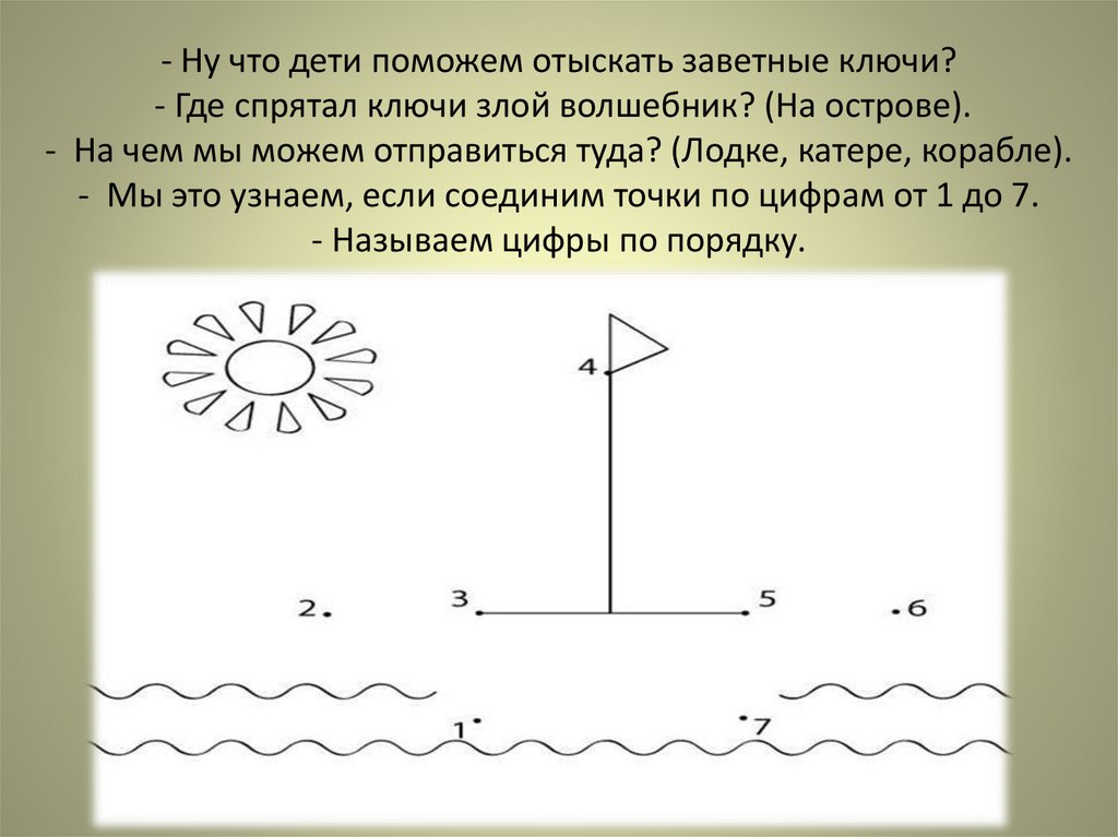 - Ну что дети поможем отыскать заветные ключи? - Где спрятал ключи злой волшебник? (На острове). - На чем мы можем отправиться