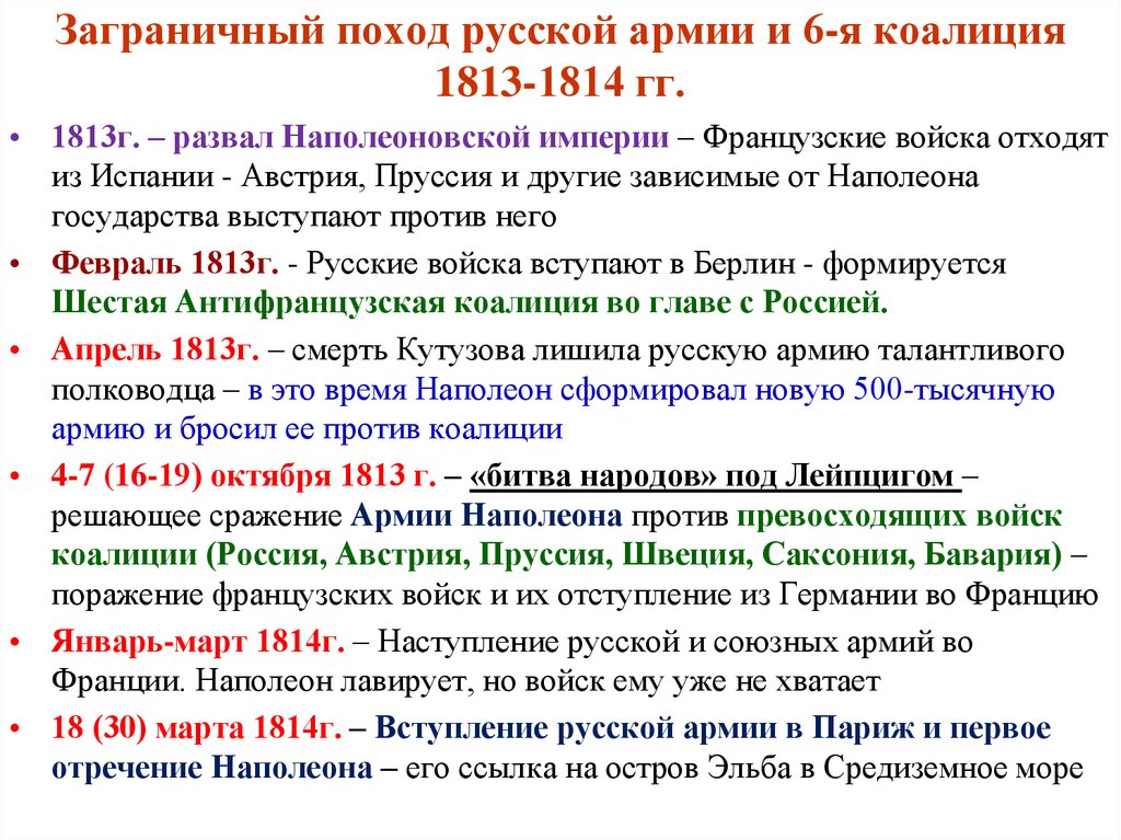 Русский заграничный поход 1813 1814. Заграничные походы русской армии 1813-1814. Заграничные походы русской армии в 1813 – 1814 гг.. Война шестой коалиции 1813 1814. 1813 Шестая антифранцузская коалиция итоги.