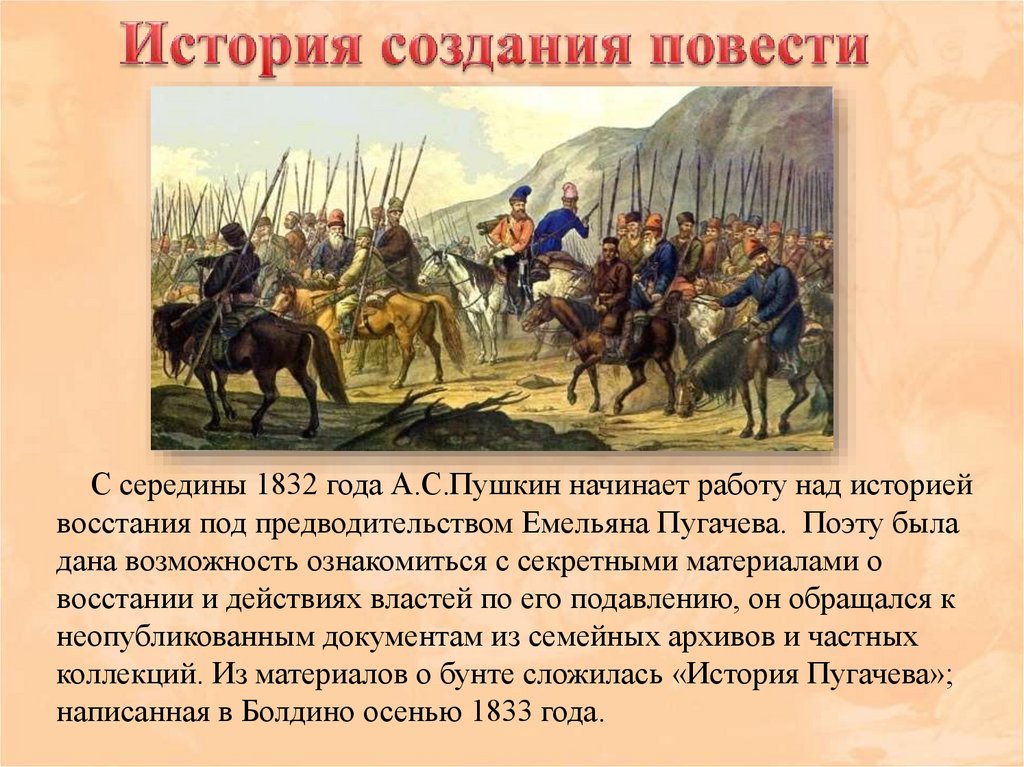 История создания капитанской. Восстание Пугачева презентация. Восстание Емельяна Пугачева Пушкин. История создания повести Капитанская дочка. Пушкин и работа над историей Пугачевского Восстания.