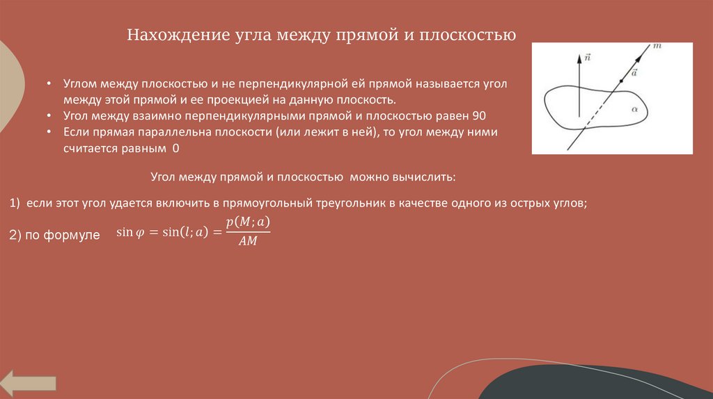 Нахождение угла между прямой и плоскостью