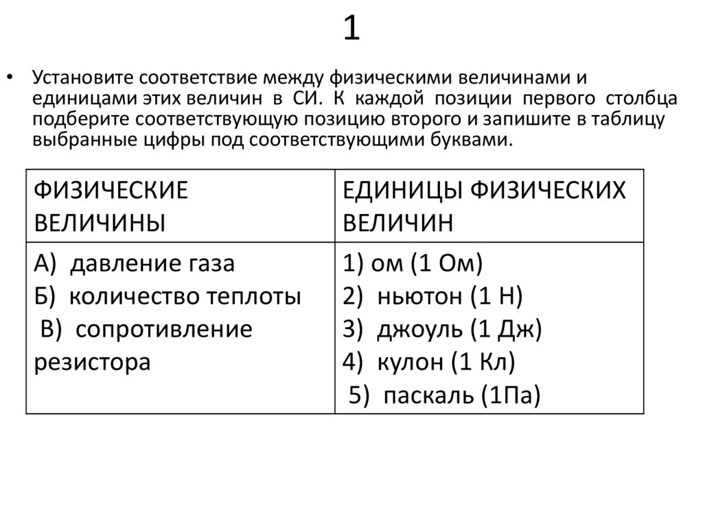 Установите соответствующее между физическими величинами