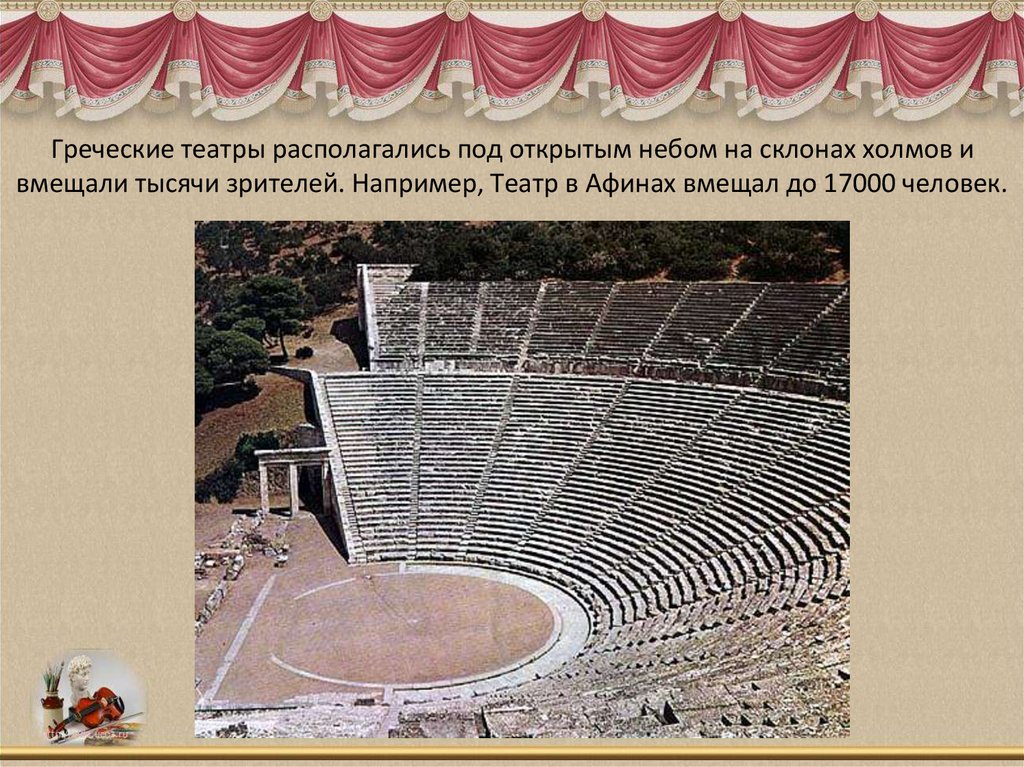 Греческие театры располагались под открытым небом на склонах холмов и вмещали тысячи зрителей. Например, Театр в Афинах вмещал