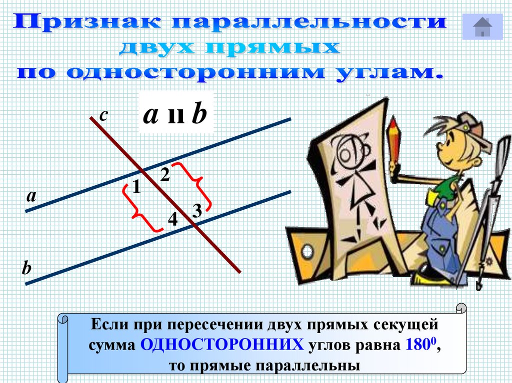 Признак параллельности 2 прямых по односторонним углам. Параллельные прямые. Признаки параллельности прямых накрест лежащие углы. Параллельность двух прямых. Признак параллельности прямых по односторонним углам.