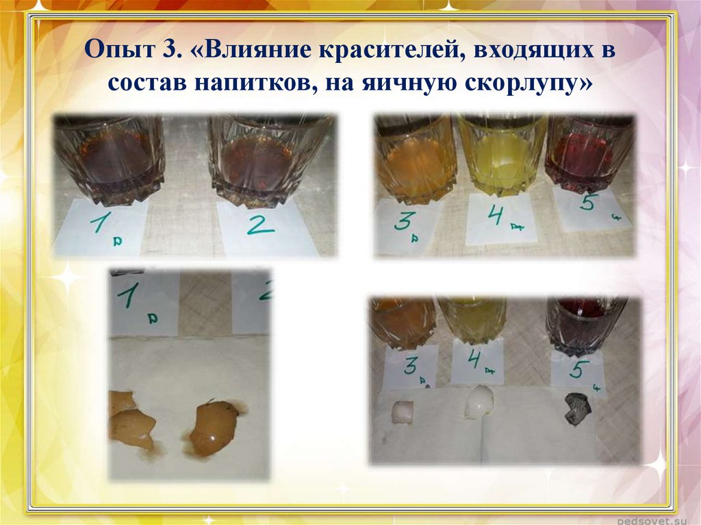 Опыт 3. «Влияние красителей, входящих в состав напитков, на яичную скорлупу»