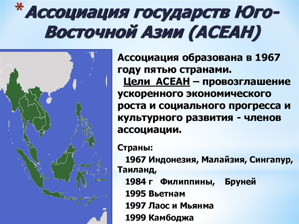 Государства юго. Ассоциация государств Юго-Восточной Азии страны. Ассоциация стран Юго-Восточной Азии (АСЕАН). Ассоциация государств Юго-Восточной Азии на карте. Страны Восточной Азии.