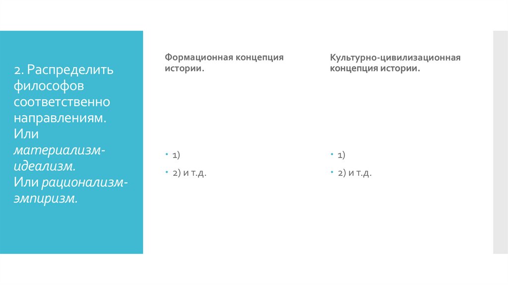 2. Распределить философов соответственно направлениям. Или материализм-идеализм. Или рационализм-эмпиризм.