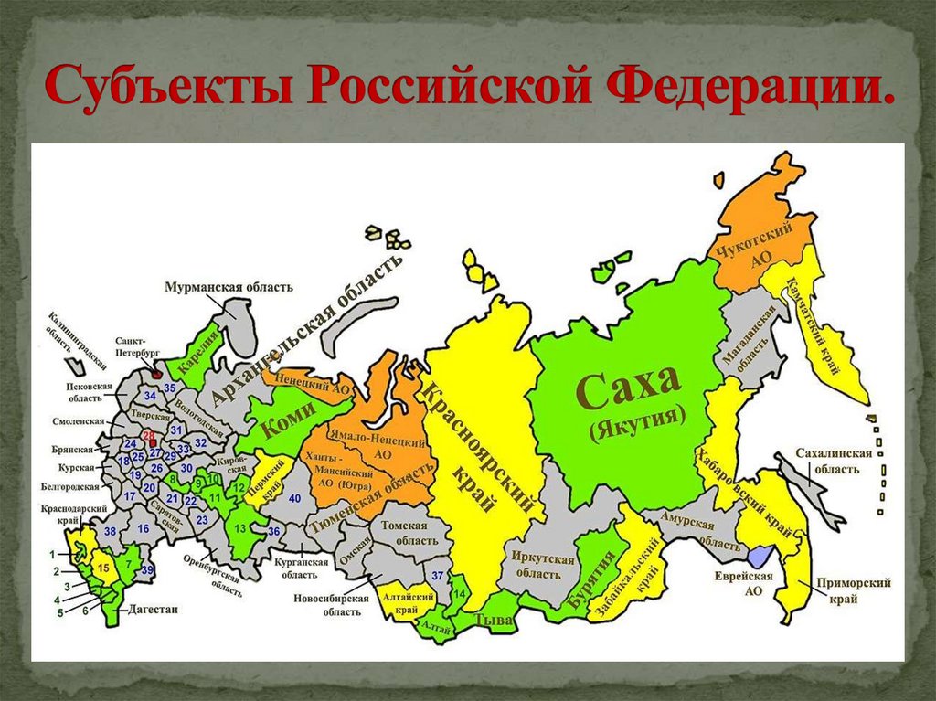 Используя рисунок 16 стр 46 в учебнике цветом обозначьте субъекты федерации в которых