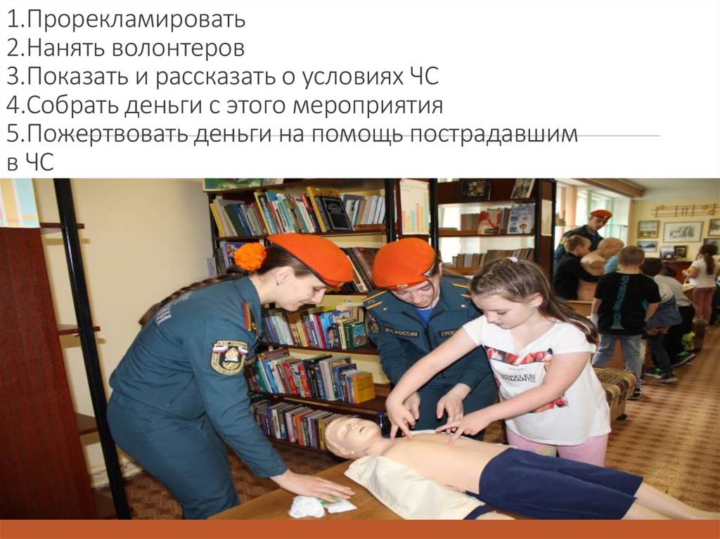 1.Прорекламировать 2.Нанять волонтеров 3.Показать и рассказать о условиях ЧС 4.Собрать деньги с этого мероприятия