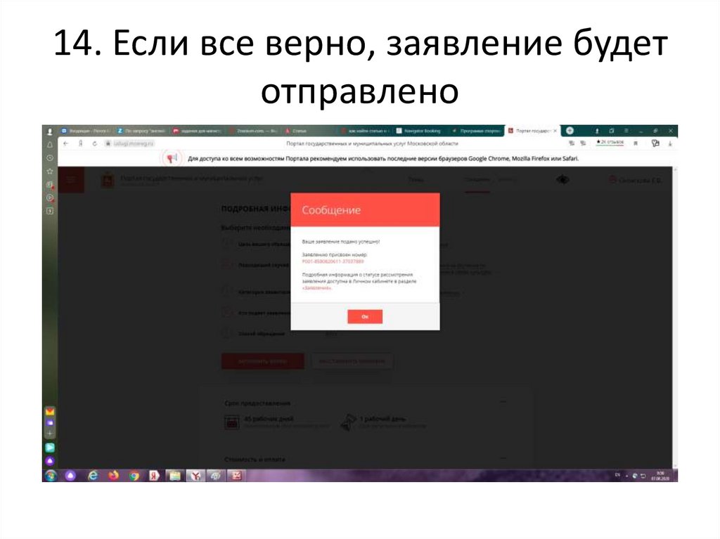 14. Если все верно, заявление будет отправлено