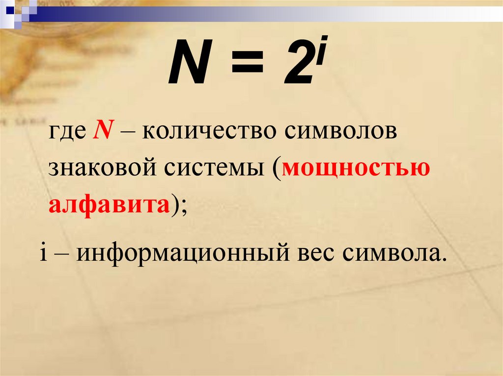 Почему 1 это количество. Формула n 2i. N 2 I. Информационный вес символа алфавита. N 2 I Информатика что это.