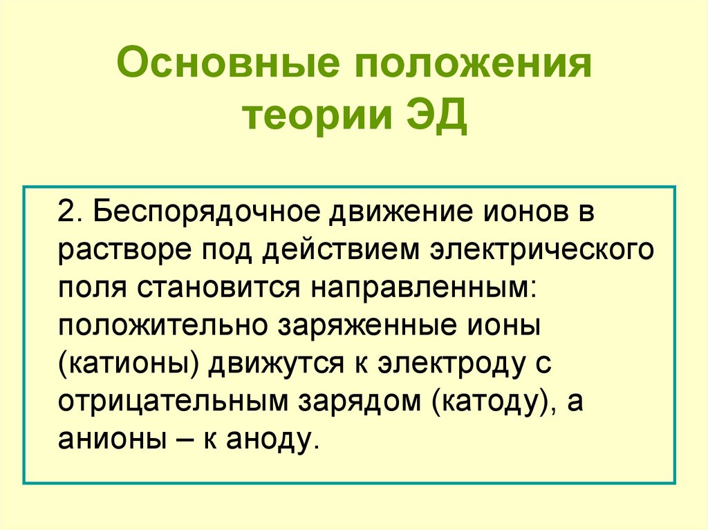 Под действием электрического тока катионы движутся к. Основные положения теории Эд. Движение ионов в растворе. Движение ионов под действием электрического поля. 3 Положения теории Эд.
