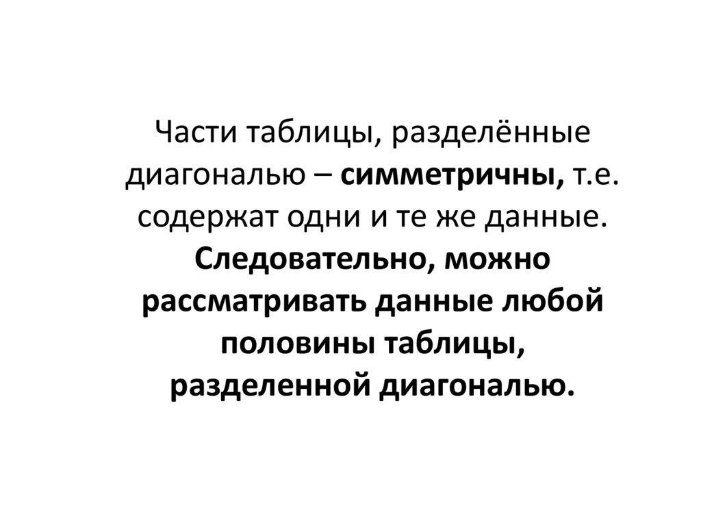 Части таблицы, разделённые диагональю – симметричны, т.е. содержат одни и те же данные. Следовательно, можно рассматривать