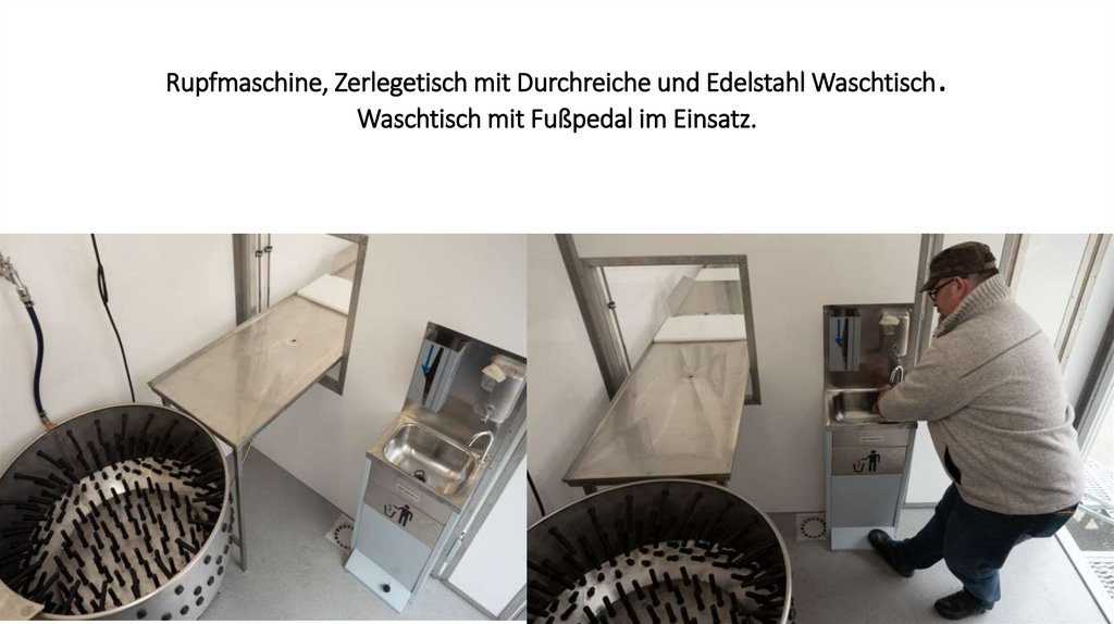 Rupfmaschine, Zerlegetisch mit Durchreiche und Edelstahl Waschtisch. Waschtisch mit Fußpedal im Einsatz.