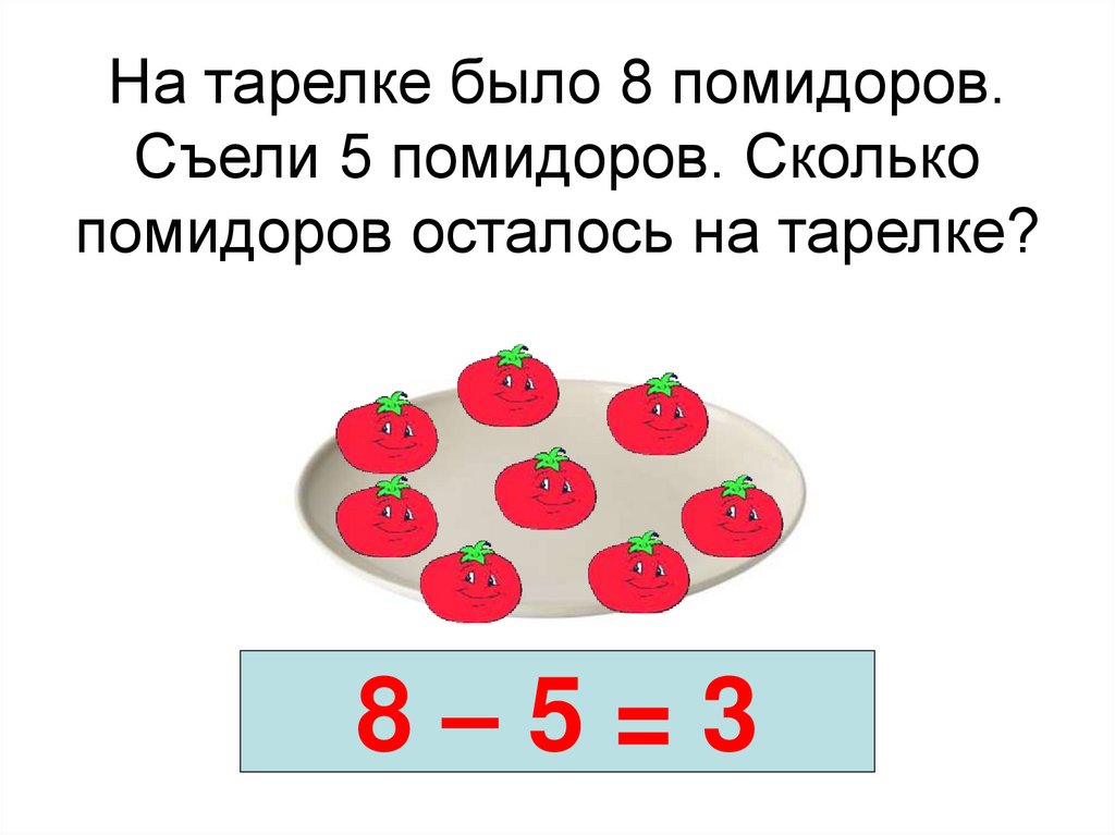 На тарелке было 10 помидоров за обедом съели 5 помидоров а за ужином 3