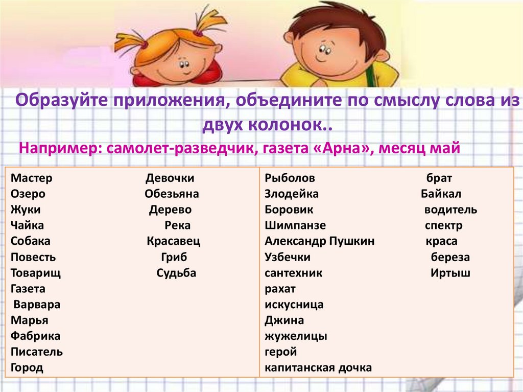 Образуйте приложения, объедините по смыслу слова из двух колонок..