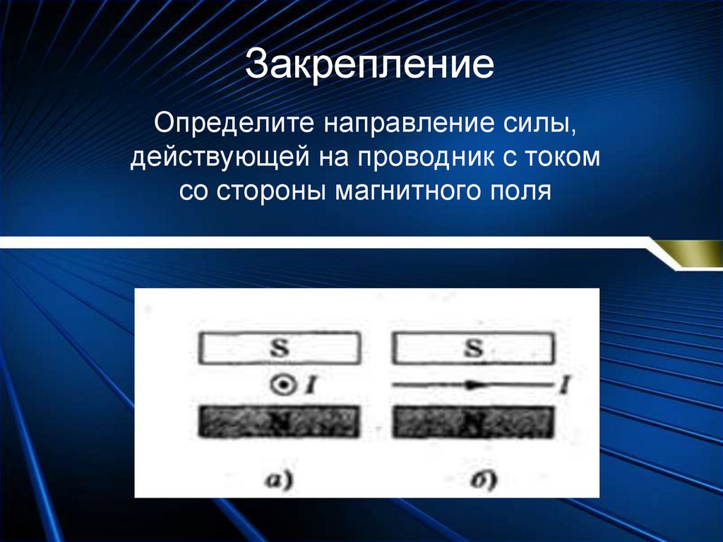 Пользуясь рисунком опишите словами куда действует магнитная сила на проводник с током