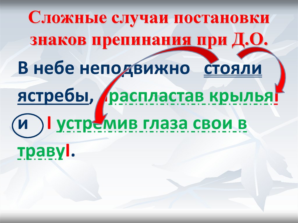 Сложный случай. В небе неподвижно стояли Ястребы. Сложные случаи пунктуации. В небе неподвижно стояли Ястребы распластав Крылья и устремив. Сложные случаи постановки знаков препинания.