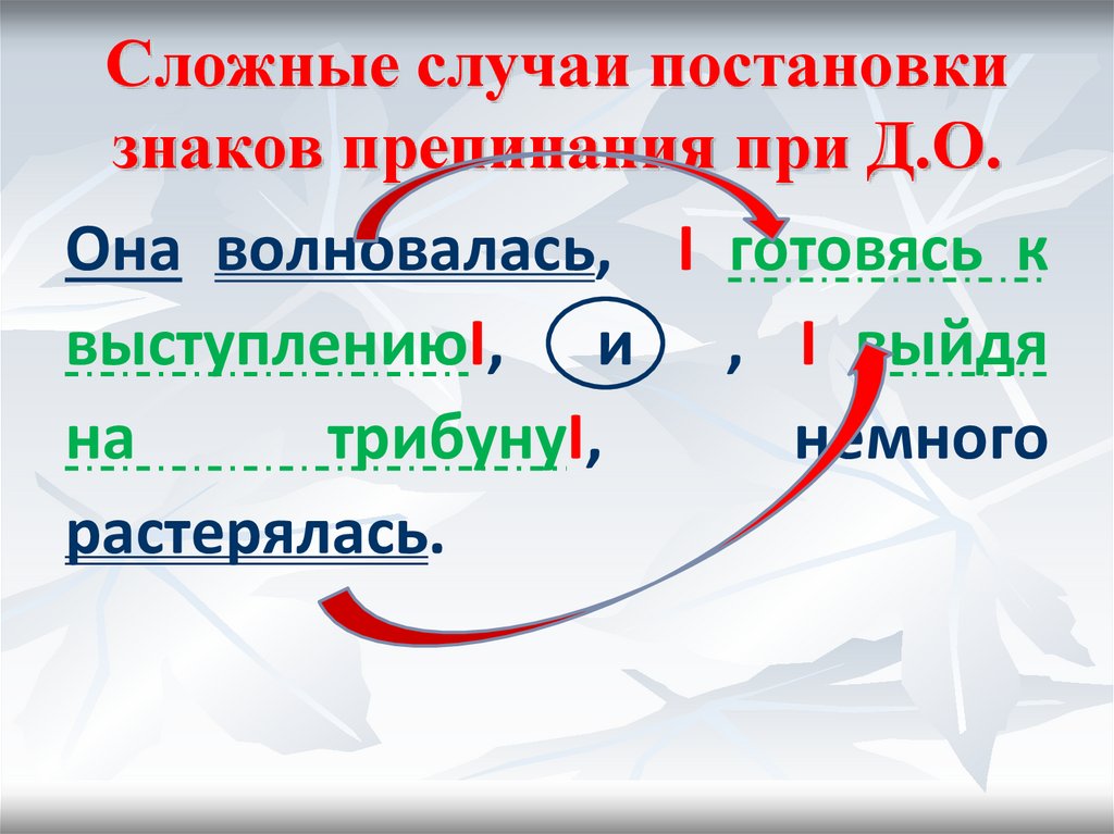 Случаи постановки. Сложные случаи постановки знаков препинания. Знаки препинания при д.о. Сложные обстоятельства. 2. Знаки препинания при д.о.