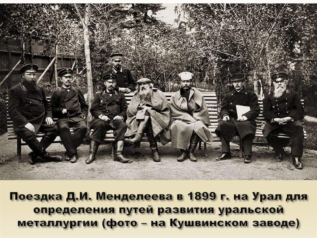 Поездка Д.И. Менделеева в 1899 г. на Урал для определения путей развития уральской металлургии (фото – на Кушвинском заводе)