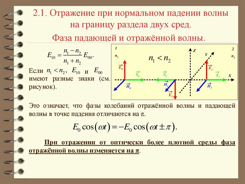 Отражение волны фаза. Вектор умова-Пойнтинга. Энергия электромагнитной волны вектор Пойнтинга. Вектор Пойнтинга на границе двух сред. Нормальное падение плоской волны на границу двух сред.