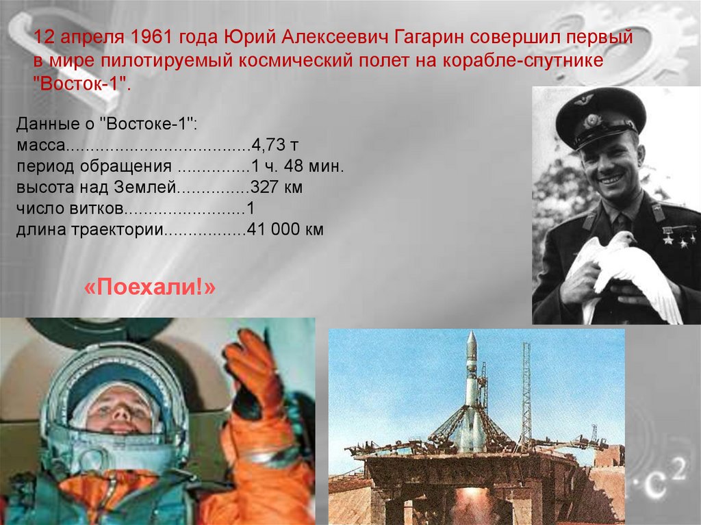 12 апреля 1961 года гагарин совершил. 12 Апреля 1961 г. Юрий Гагарин совершил первый пилотируемый полет..