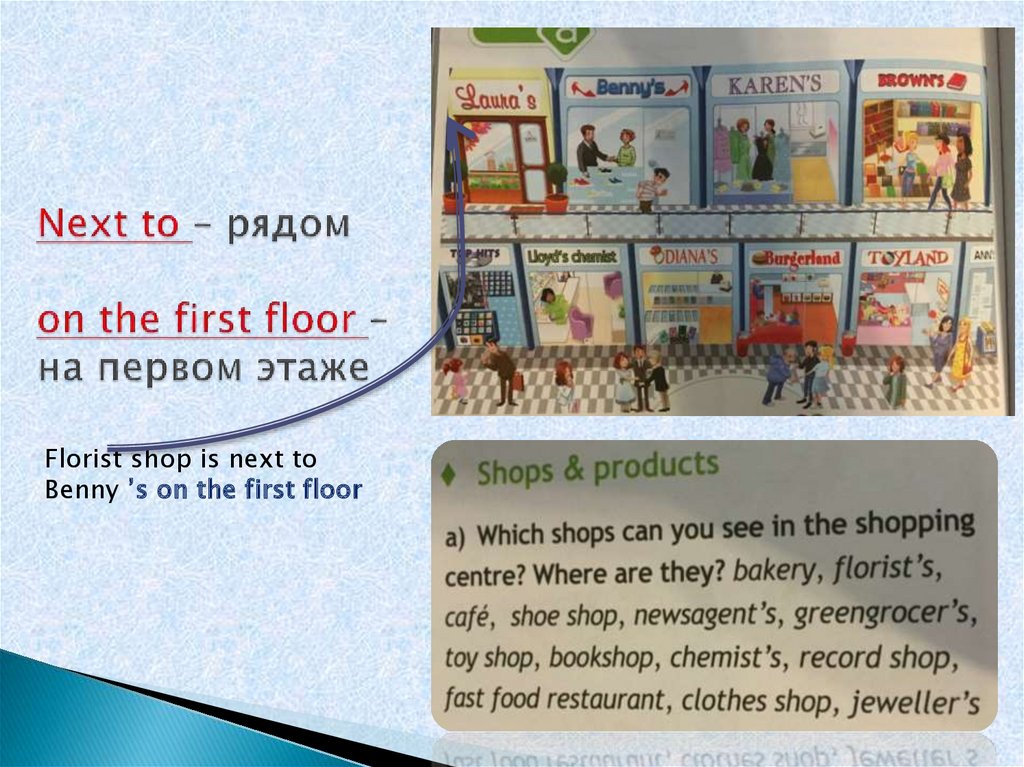 Next to – рядом on the first floor – на первом этаже