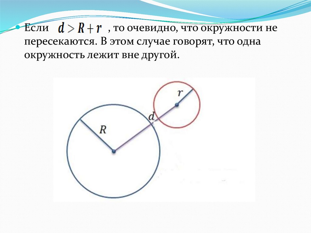 Докажите что две окружности. Окружности не пересекаются. Не пересекающая окружность. Когда окружности не пересекаются. Одна окружность лежит вне другой.