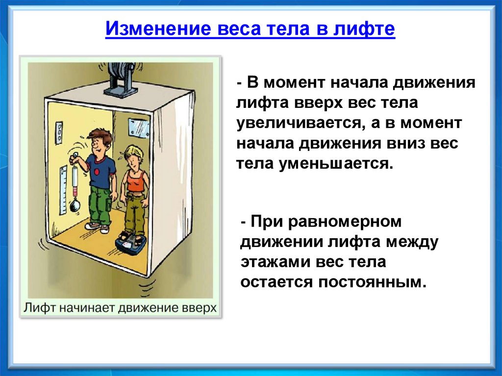 Вес человека поднимающегося в лифте. Вес тела в лифте физика. Изменение веса тела в лифте. Вес при движении в лифте. Движение в лифте физика.