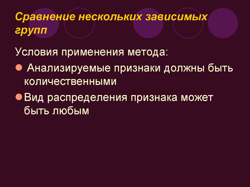 Гр условия. Сравнение зависимых групп. Условия применения метода. Зависимые группы исследования. Метод сравнения нескольких признаков.