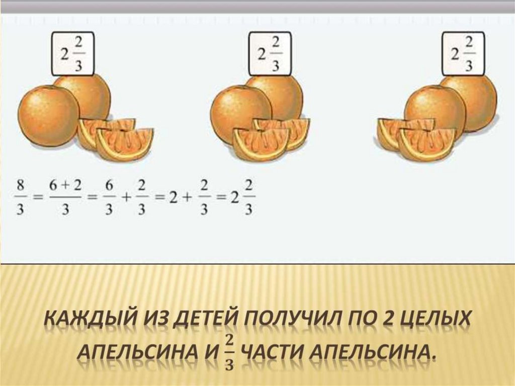 Каждый из детей получил по 2 целых апельсина и □(2/3) части апельсина.