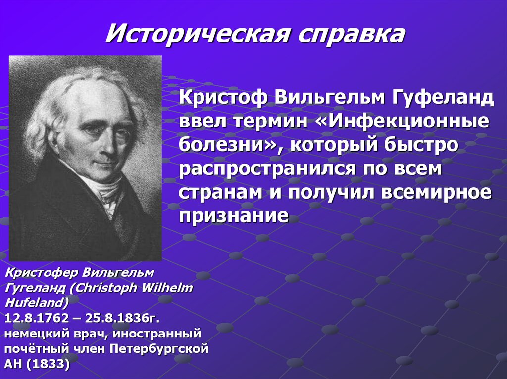 Впервые ввел термин. Христофор Вильям Гуфелянд. Историческая справка об инфекционных болезнях. Термин инфекция был введен. Термин инфекционные болезни ввел.