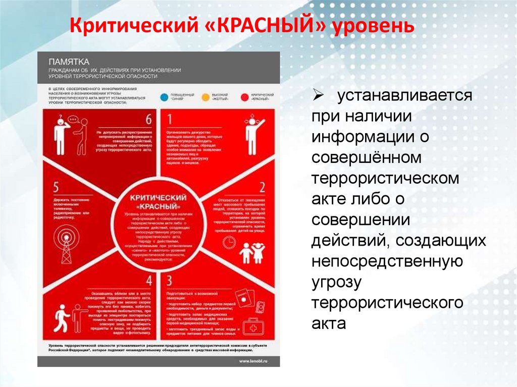 Работы по распознаванию опасностей рекомендуется. Критический красный уровень. Критический уровень терроризма. Уровни опасности терроризма презентация. Памятка для населения красный уровень.