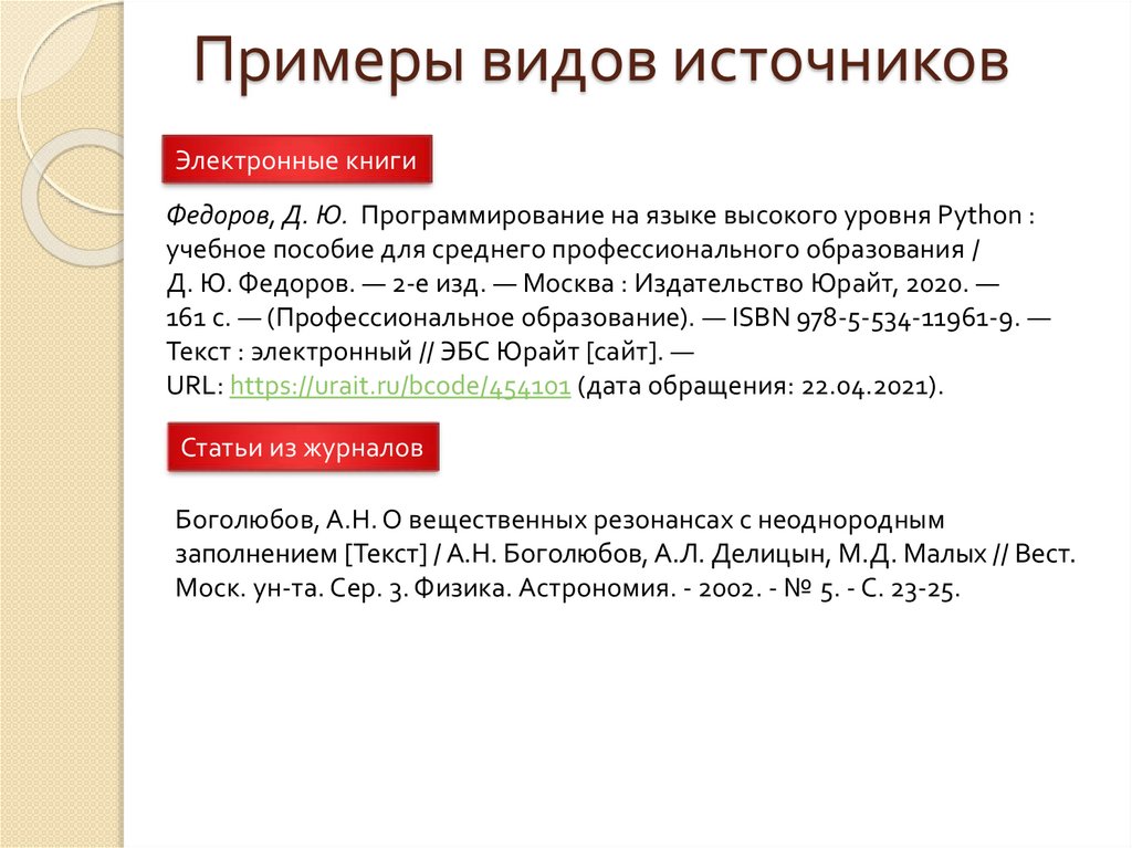 Список источников для презентации