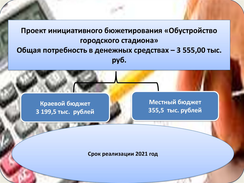 Проект инициативного бюжетирования «Обустройство городского стадиона» Общая потребность в денежных средствах – 3 555,00 тыс.