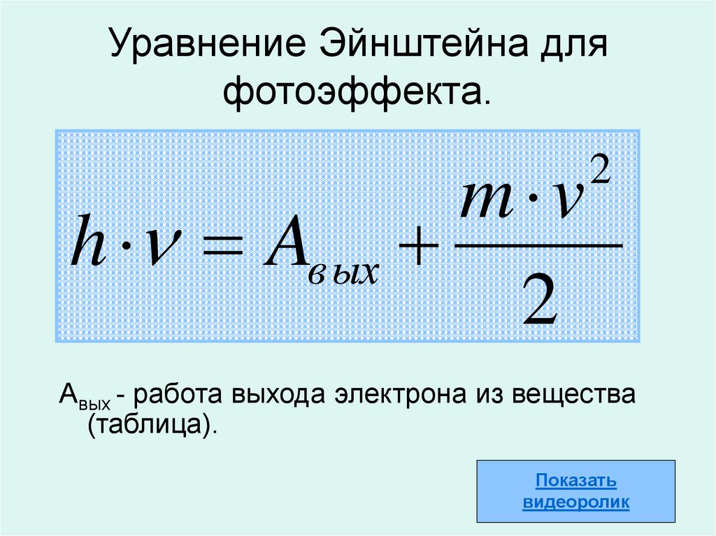 Работа выхода электрона. Уравнение Эйнштейна для внешнего фотоэлектрического эффекта. Уравнение Эйнштейна для внешнего фотоэффекта. Формула Эйнштейна для внешнего фотоэффекта. Уравнение Эйнштейна для фотоэффек.