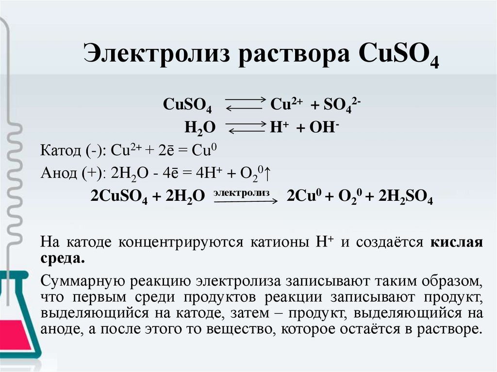 Электролизе раствора сульфата меди ii